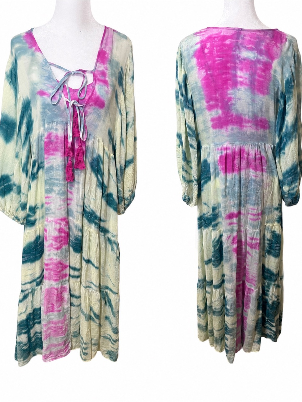 Young Fabulous & Broke Tie Dye Maxi Dress Boho Layered Tassel Resort Cover-Up